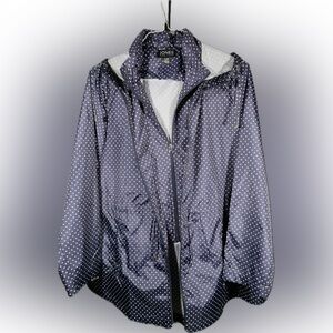 Jones New York Hooded Windbreaker Dark Blue with Polka Dots Double Zipper XL